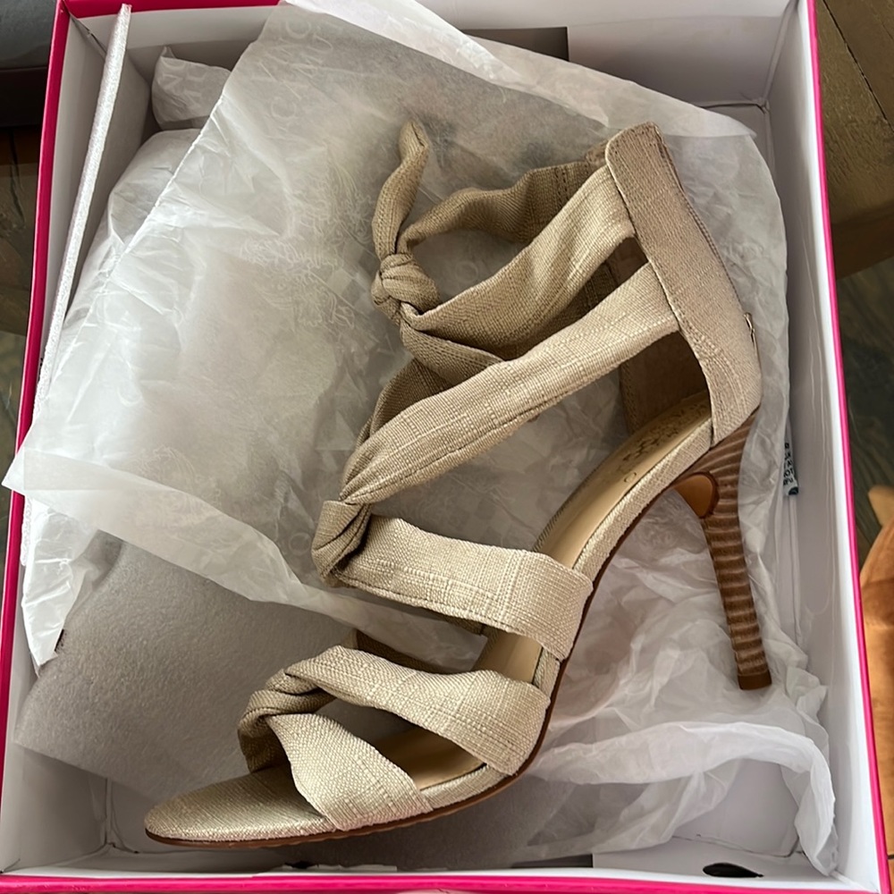 Cream Vince Camuto fabric high heel sandals